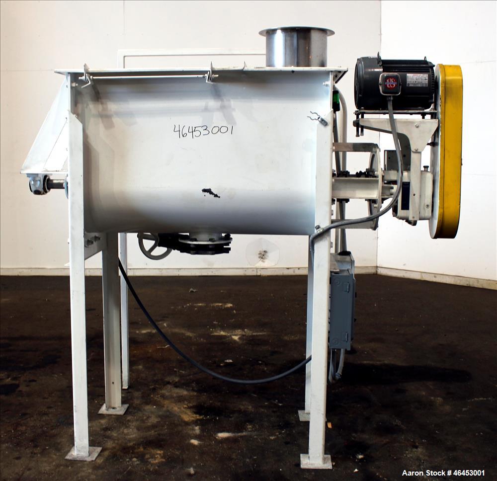 Used Double Spiral Ribbon Blender, Approximately 9.6 Cubic Feet, 304 Stainless Steel. Non-jacketed trough 48" long x 19-3/4" wide x 31" deep. 2-1/4" Diameter shaft, inner ribbon 2" wide x 1/4" thick,...