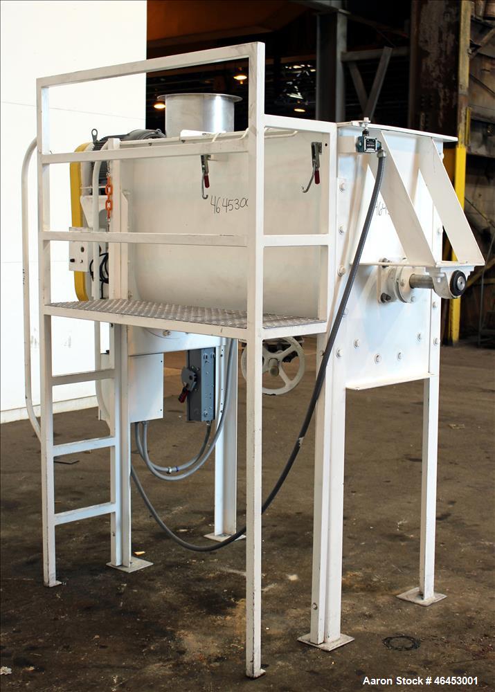 Used Double Spiral Ribbon Blender, Approximately 9.6 Cubic Feet, 304 Stainless Steel. Non-jacketed trough 48" long x 19-3/4" wide x 31" deep. 2-1/4" Diameter shaft, inner ribbon 2" wide x 1/4" thick,...