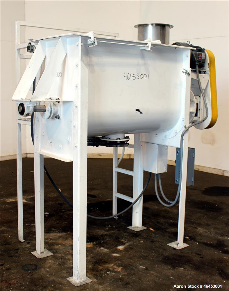 Used Double Spiral Ribbon Blender, Approximately 9.6 Cubic Feet, 304 Stainless Steel. Non-jacketed trough 48" long x 19-3/4" wide x 31" deep. 2-1/4" Diameter shaft, inner ribbon 2" wide x 1/4" thick,...
