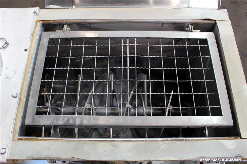 Used Double Spiral Ribbon Blender, Approximately 9.6 Cubic Feet, 304 Stainless Steel. Non-jacketed trough 48" long x 19-3/4" wide x 31" deep. 2-1/4" Diameter shaft, inner ribbon 2" wide x 1/4" thick,...