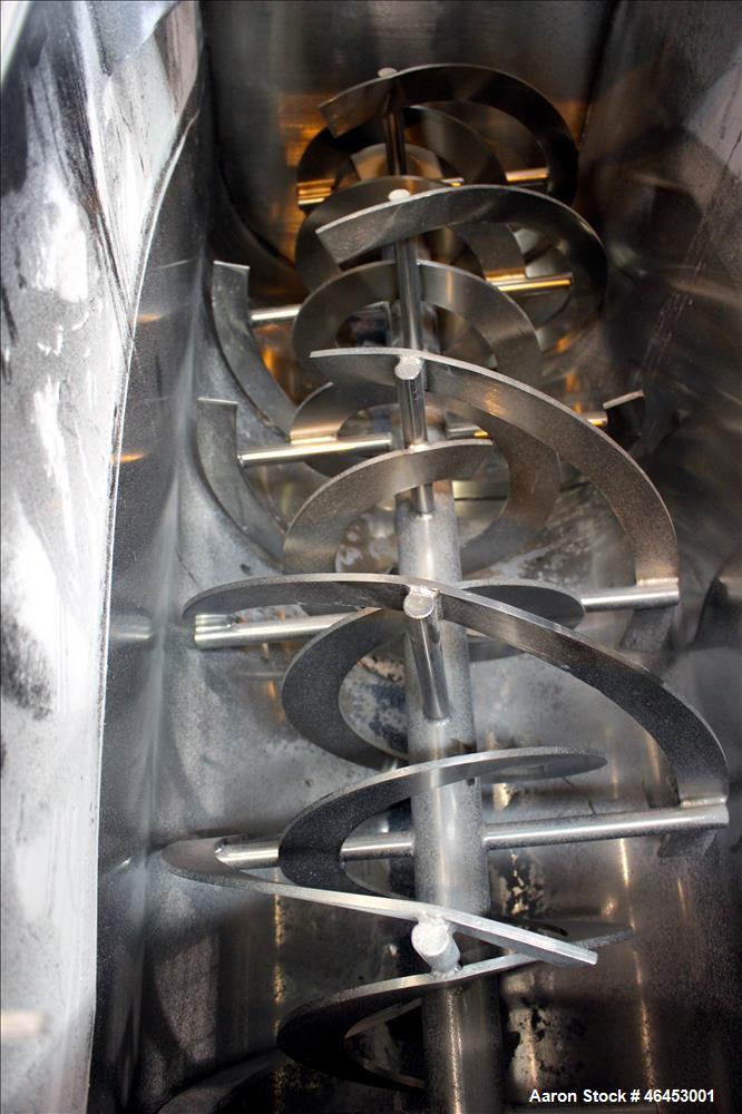 Used Double Spiral Ribbon Blender, Approximately 9.6 Cubic Feet, 304 Stainless Steel. Non-jacketed trough 48" long x 19-3/4" wide x 31" deep. 2-1/4" Diameter shaft, inner ribbon 2" wide x 1/4" thick,...