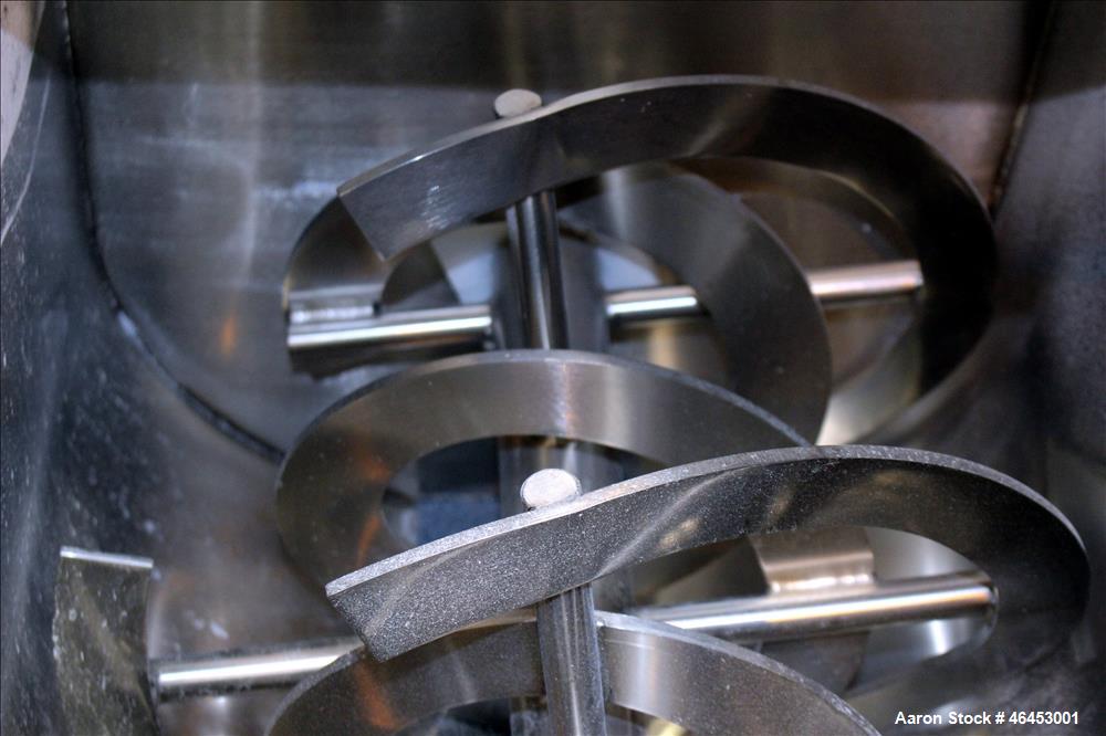 Used Double Spiral Ribbon Blender, Approximately 9.6 Cubic Feet, 304 Stainless Steel. Non-jacketed trough 48" long x 19-3/4" wide x 31" deep. 2-1/4" Diameter shaft, inner ribbon 2" wide x 1/4" thick,...