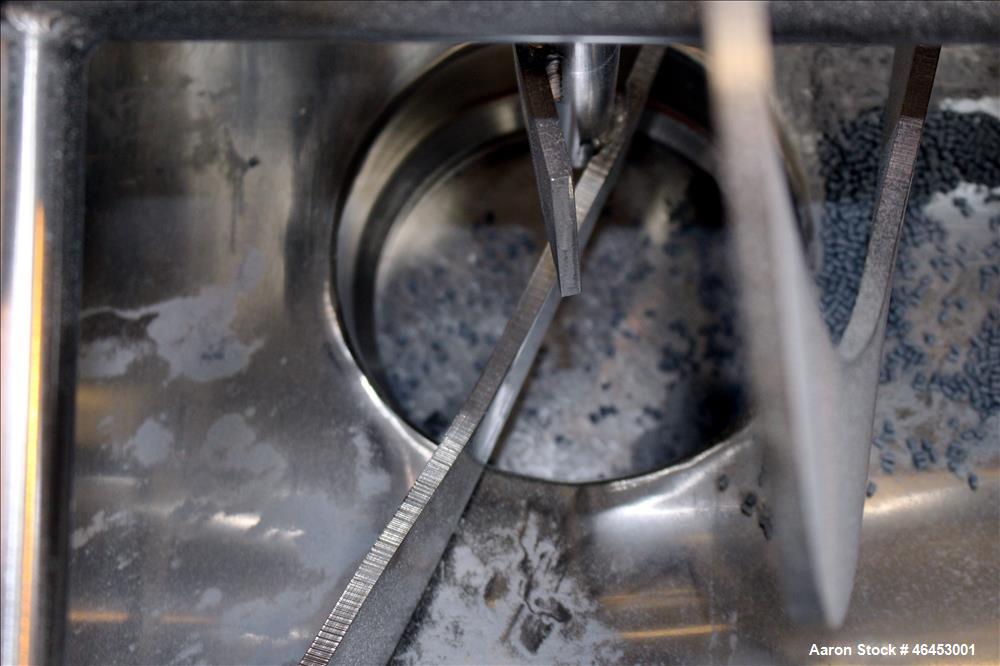 Used Double Spiral Ribbon Blender, Approximately 9.6 Cubic Feet, 304 Stainless Steel. Non-jacketed trough 48" long x 19-3/4" wide x 31" deep. 2-1/4" Diameter shaft, inner ribbon 2" wide x 1/4" thick,...