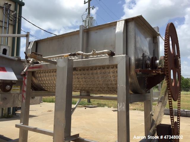 Used Double Spiral Ribbon Blender, Approximate 36 Cubic Feet, Stainless Steel. Trough approximately 30" wide x 78" long trough, double ribbon agitator, outboard roller bearings, packing gland seals, ...