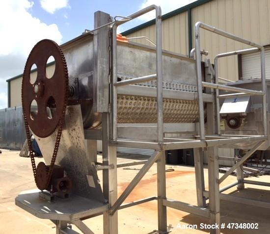Used Double Spiral Ribbon Blender, Approximate 36 Cubic Feet, Stainless Steel. Trough approximately 30" wide x 78" long trough, double ribbon agitator, outboard roller bearings, packing gland seals, ...