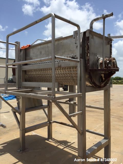 Used Double Spiral Ribbon Blender, Approximate 36 Cubic Feet, Stainless Steel. Trough approximately 30" wide x 78" long trough, double ribbon agitator, outboard roller bearings, packing gland seals, ...