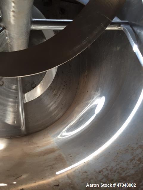 Used Double Spiral Ribbon Blender, Approximate 36 Cubic Feet, Stainless Steel. Trough approximately 30" wide x 78" long trough, double ribbon agitator, outboard roller bearings, packing gland seals, ...