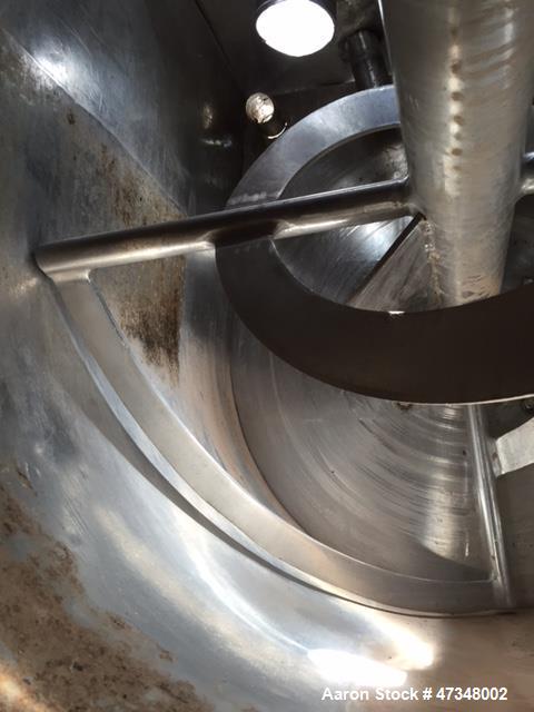 Used Double Spiral Ribbon Blender, Approximate 36 Cubic Feet, Stainless Steel. Trough approximately 30" wide x 78" long trough, double ribbon agitator, outboard roller bearings, packing gland seals, ...