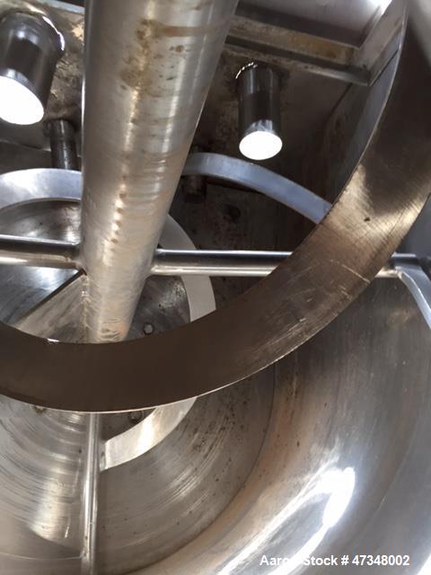 Used Double Spiral Ribbon Blender, Approximate 36 Cubic Feet, Stainless Steel. Trough approximately 30" wide x 78" long trough, double ribbon agitator, outboard roller bearings, packing gland seals, ...