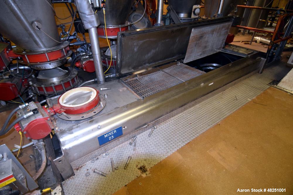 Used Double Spiral Ribbon Blender, Approximate 267 Cubic Feet Working Capacity, Stainless Steel. Non-jacketed trough 60" wide x 144" long x approximate 68" deep. 8" Diameter shaft, (2) inner ribbons ...