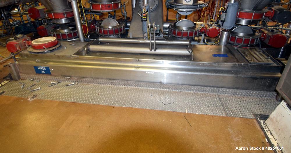 Used Double Spiral Ribbon Blender, Approximate 267 Cubic Feet Working Capacity, Stainless Steel. Non-jacketed trough 60" wide x 144" long x approximate 68" deep. 8" Diameter shaft, (2) inner ribbons ...
