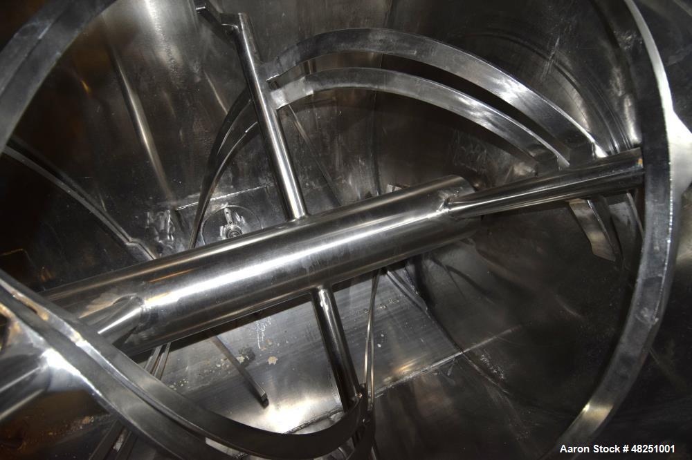 Used Double Spiral Ribbon Blender, Approximate 267 Cubic Feet Working Capacity, Stainless Steel. Non-jacketed trough 60" wide x 144" long x approximate 68" deep. 8" Diameter shaft, (2) inner ribbons ...