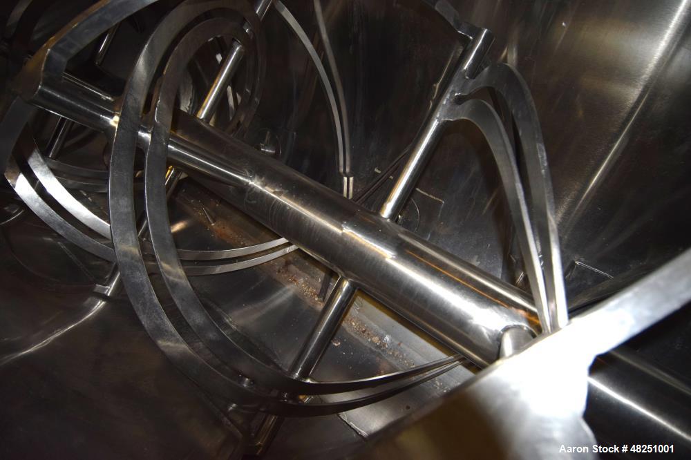 Used Double Spiral Ribbon Blender, Approximate 267 Cubic Feet Working Capacity, Stainless Steel. Non-jacketed trough 60" wide x 144" long x approximate 68" deep. 8" Diameter shaft, (2) inner ribbons ...