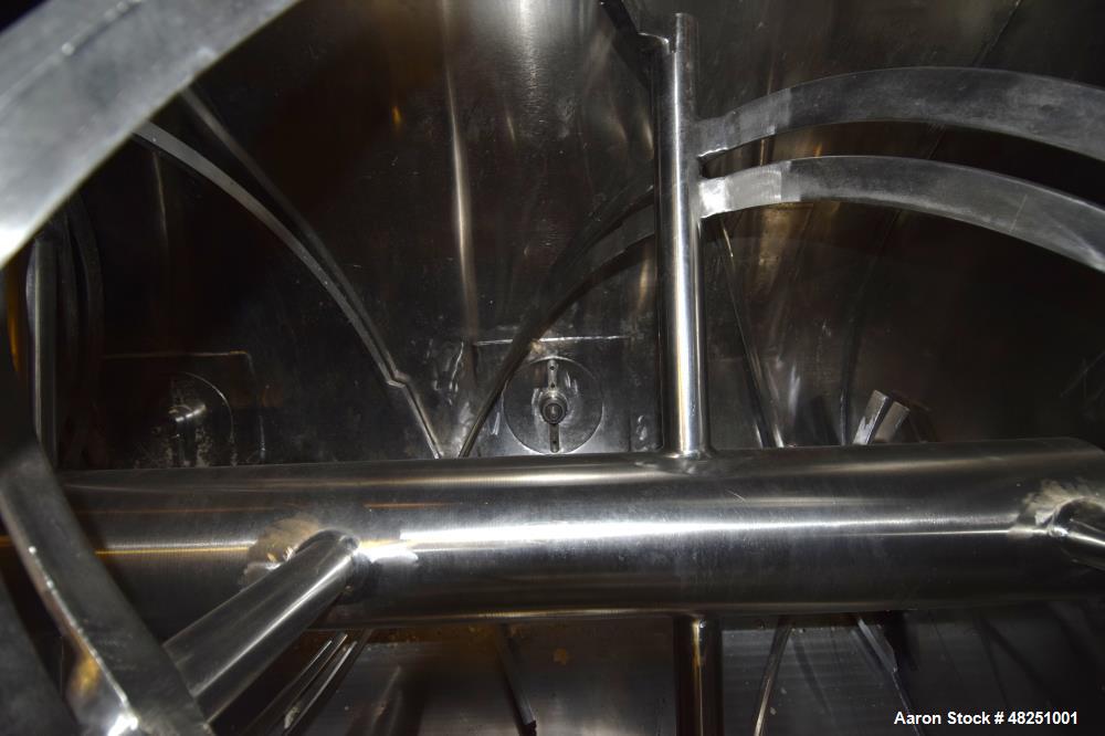 Used Double Spiral Ribbon Blender, Approximate 267 Cubic Feet Working Capacity, Stainless Steel. Non-jacketed trough 60" wide x 144" long x approximate 68" deep. 8" Diameter shaft, (2) inner ribbons ...