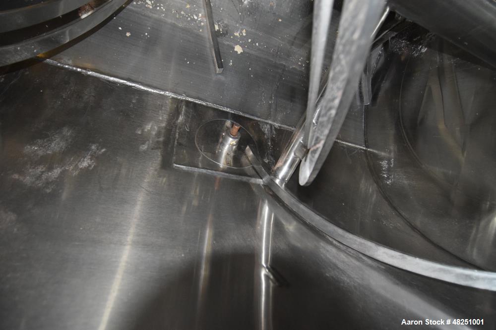 Used Double Spiral Ribbon Blender, Approximate 267 Cubic Feet Working Capacity, Stainless Steel. Non-jacketed trough 60" wide x 144" long x approximate 68" deep. 8" Diameter shaft, (2) inner ribbons ...