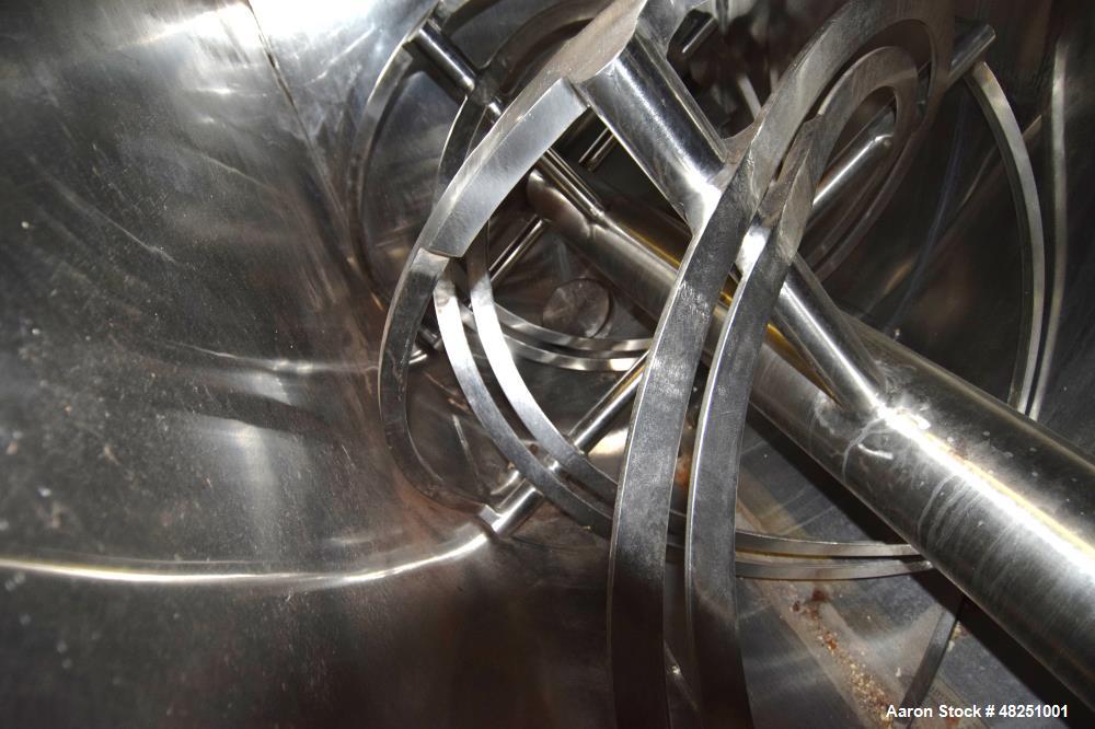 Used Double Spiral Ribbon Blender, Approximate 267 Cubic Feet Working Capacity, Stainless Steel. Non-jacketed trough 60" wide x 144" long x approximate 68" deep. 8" Diameter shaft, (2) inner ribbons ...