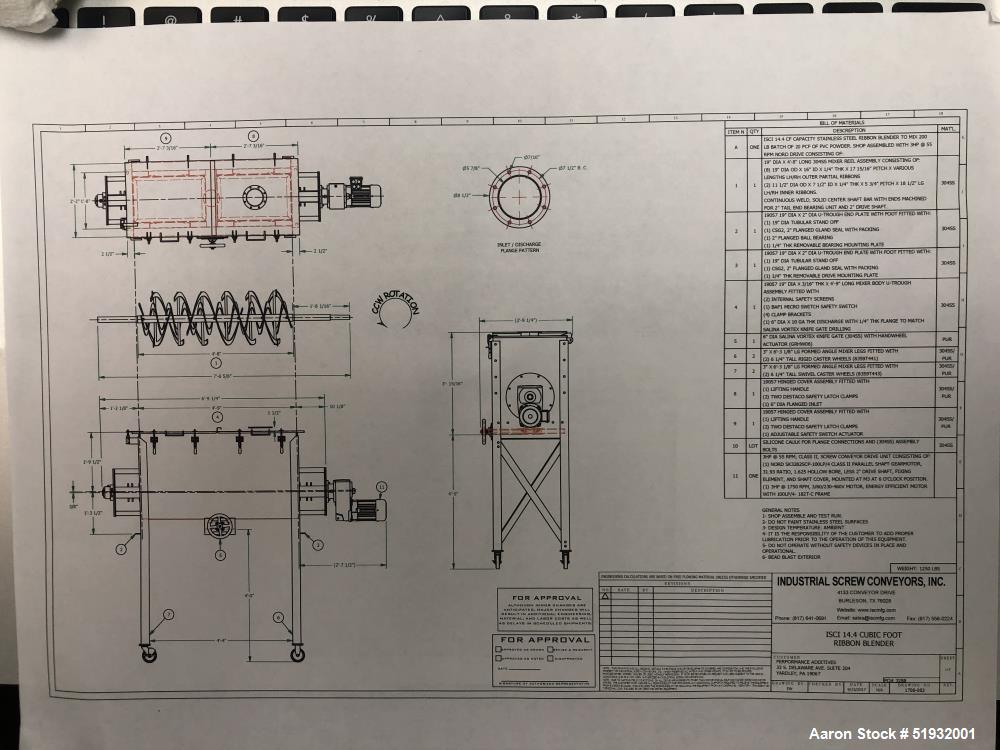 Used Industrial Screw Conveyor, Ribbon Blender