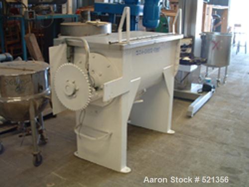 USED: Stainless steel double ribbon blender, approximately 13 cu ftworking capacity. Trough measures 21" wide x 24" deep x 48" long.Inner ribbon 2-1/4" wide x 1/4" thick, 2-1/2" diameter shaft. Hinge...