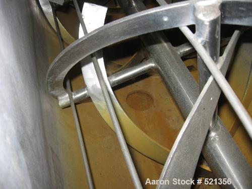 USED: Stainless steel double ribbon blender, approximately 13 cu ftworking capacity. Trough measures 21" wide x 24" deep x 48" long.Inner ribbon 2-1/4" wide x 1/4" thick, 2-1/2" diameter shaft. Hinge...