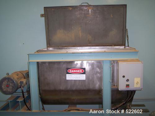 USED: Ribbon blender, approximate 13 cu ft capacity. Inside of troughmeasures 24" wide x 48" long x 32" deep. Overall dimensions 53-1/2"wide x 83" long x 73" high. Stainless steel product contact are...