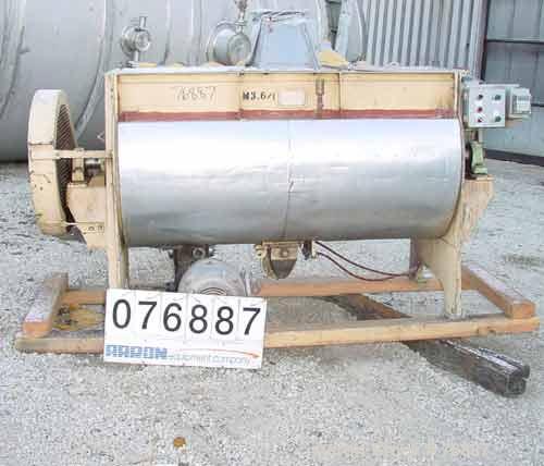 USED: Ribbon blender, 25 cu ft, stainless steel, double spiral.Carbon steel jacket, water circulating trough 22-1/2" wide x 72" long.3" diameter shaft. Inner ribbon 1-1/2" wide x 3/8" thick. Outer ri...