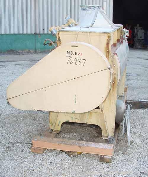 USED: Ribbon blender, 25 cu ft, stainless steel, double spiral.Carbon steel jacket, water circulating trough 22-1/2" wide x 72" long.3" diameter shaft. Inner ribbon 1-1/2" wide x 3/8" thick. Outer ri...