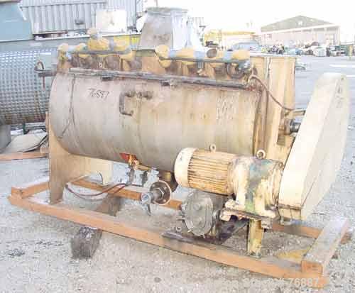 USED: Ribbon blender, 25 cu ft, stainless steel, double spiral.Carbon steel jacket, water circulating trough 22-1/2" wide x 72" long.3" diameter shaft. Inner ribbon 1-1/2" wide x 3/8" thick. Outer ri...