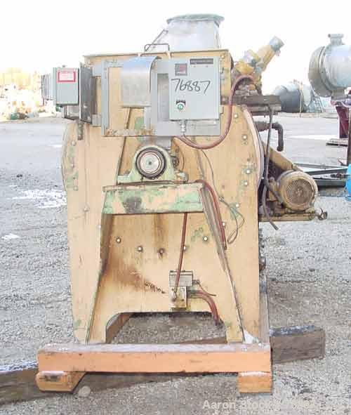 USED: Ribbon blender, 25 cu ft, stainless steel, double spiral.Carbon steel jacket, water circulating trough 22-1/2" wide x 72" long.3" diameter shaft. Inner ribbon 1-1/2" wide x 3/8" thick. Outer ri...