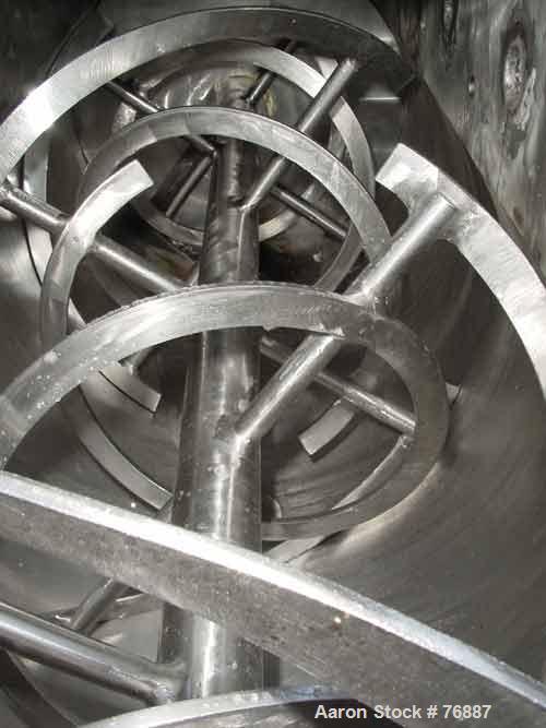 USED: Ribbon blender, 25 cu ft, stainless steel, double spiral.Carbon steel jacket, water circulating trough 22-1/2" wide x 72" long.3" diameter shaft. Inner ribbon 1-1/2" wide x 3/8" thick. Outer ri...
