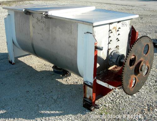 Used Double Spiral Ribbon Blender, 36 Cubic Foot Working Capacity, 304 Stainless Steel. Non-jacketed trough 29-1/2" wide x 78" long x approximately 32" deep. 3" diameter shaft. Inner ribbon 2" wide x...
