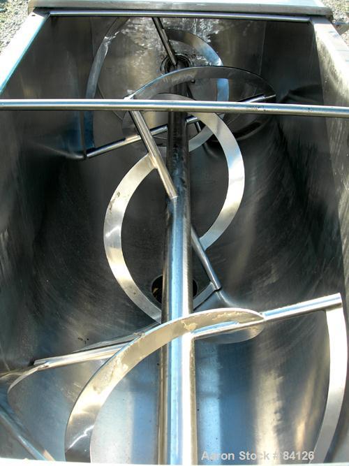 Used Double Spiral Ribbon Blender, 36 Cubic Foot Working Capacity, 304 Stainless Steel. Non-jacketed trough 29-1/2" wide x 78" long x approximately 32" deep. 3" diameter shaft. Inner ribbon 2" wide x...