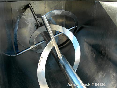 Used Double Spiral Ribbon Blender, 36 Cubic Foot Working Capacity, 304 Stainless Steel. Non-jacketed trough 29-1/2" wide x 78" long x approximately 32" deep. 3" diameter shaft. Inner ribbon 2" wide x...