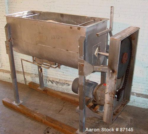 Used Double Spiral Ribbon Blender, 36 cubic feet working capacity, stainless steel. Non-jacketed trough 30" wide x 78" long x approximately 36" deep. 3-1/2" diameter shaft, inner ribbon 2" wide x 3/8...