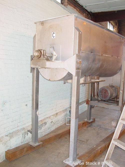 Used Double Spiral Ribbon Blender, 36 cubic feet working capacity, stainless steel. Non-jacketed trough 30" wide x 78" long x approximately 36" deep. 3-1/2" diameter shaft, inner ribbon 2" wide x 3/8...