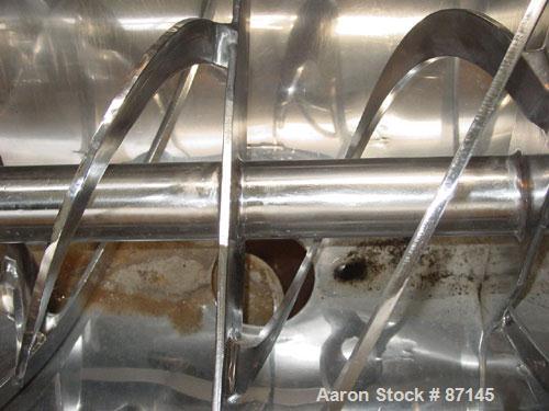 Used Double Spiral Ribbon Blender, 36 cubic feet working capacity, stainless steel. Non-jacketed trough 30" wide x 78" long x approximately 36" deep. 3-1/2" diameter shaft, inner ribbon 2" wide x 3/8...