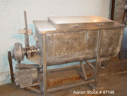 USED: Double spiral ribbon blender, 36 cubic feet working capacity, stainless steel. Non-jacketed trough 30" wide x 78" long x approximately 36" deep. 3" diameter shaft, inner ribbon 2" wide x 1/4" t...