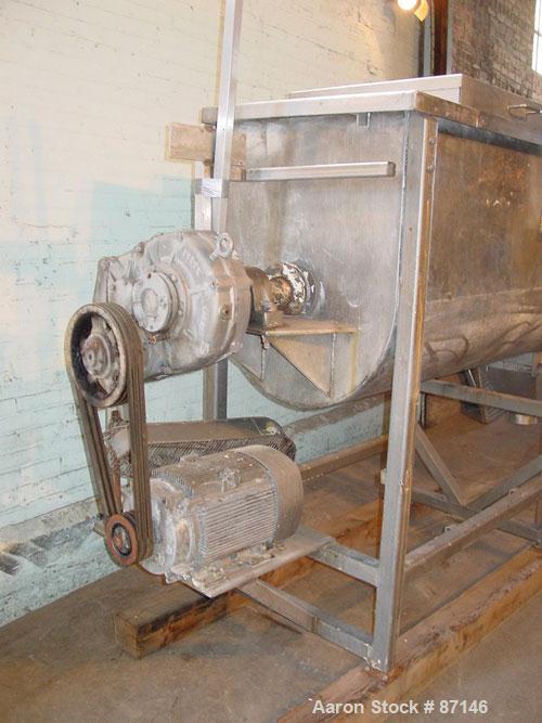USED: Double spiral ribbon blender, 36 cubic feet working capacity, stainless steel. Non-jacketed trough 30" wide x 78" long x approximately 36" deep. 3" diameter shaft, inner ribbon 2" wide x 1/4" t...