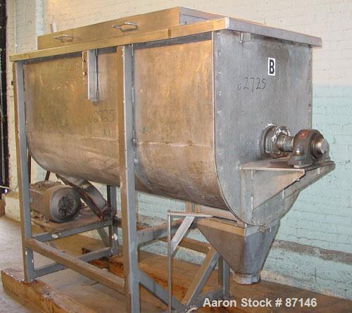 USED: Double spiral ribbon blender, 36 cubic feet working capacity, stainless steel. Non-jacketed trough 30" wide x 78" long x approximately 36" deep. 3" diameter shaft, inner ribbon 2" wide x 1/4" t...