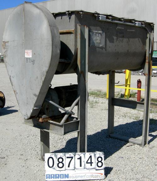 USED: Double spiral ribbon blender, 36 cubic feet working capacity, 304 stainless steel. Non-jacketed trough 30" wide x 78" long x approximately 33" deep. 3-1/2" diameter shaft, inner ribbon 2" wide ...