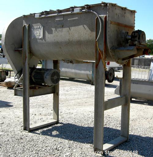 USED: Double spiral ribbon blender, 36 cubic feet working capacity, 304 stainless steel. Non-jacketed trough 30" wide x 78" long x approximately 33" deep. 3-1/2" diameter shaft, inner ribbon 2" wide ...
