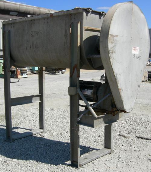 USED: Double spiral ribbon blender, 36 cubic feet working capacity, 304 stainless steel. Non-jacketed trough 30" wide x 78" long x approximately 33" deep. 3-1/2" diameter shaft, inner ribbon 2" wide ...