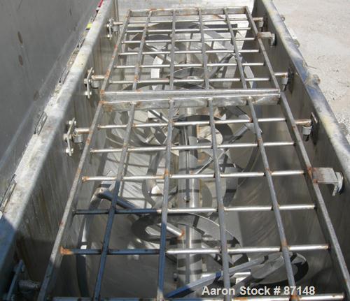 USED: Double spiral ribbon blender, 36 cubic feet working capacity, 304 stainless steel. Non-jacketed trough 30" wide x 78" long x approximately 33" deep. 3-1/2" diameter shaft, inner ribbon 2" wide ...