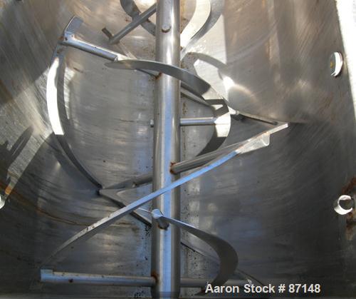USED: Double spiral ribbon blender, 36 cubic feet working capacity, 304 stainless steel. Non-jacketed trough 30" wide x 78" long x approximately 33" deep. 3-1/2" diameter shaft, inner ribbon 2" wide ...
