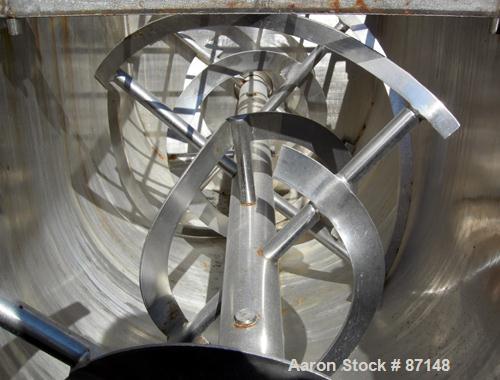 USED: Double spiral ribbon blender, 36 cubic feet working capacity, 304 stainless steel. Non-jacketed trough 30" wide x 78" long x approximately 33" deep. 3-1/2" diameter shaft, inner ribbon 2" wide ...