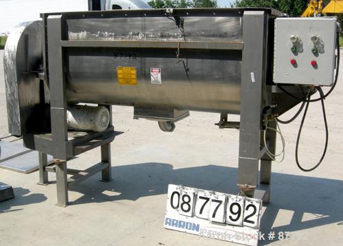 USED: Double spiral ribbon blender, 36 cubic feet working capacity, 304 stainless steel. Non-jacketed trough 30" wide x 78" long x approximately 34" deep. 3" diameter shaft, inner ribbon 2" wide x 5/...