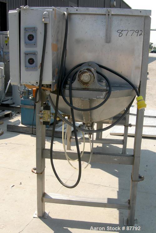 USED: Double spiral ribbon blender, 36 cubic feet working capacity, 304 stainless steel. Non-jacketed trough 30" wide x 78" long x approximately 34" deep. 3" diameter shaft, inner ribbon 2" wide x 5/...