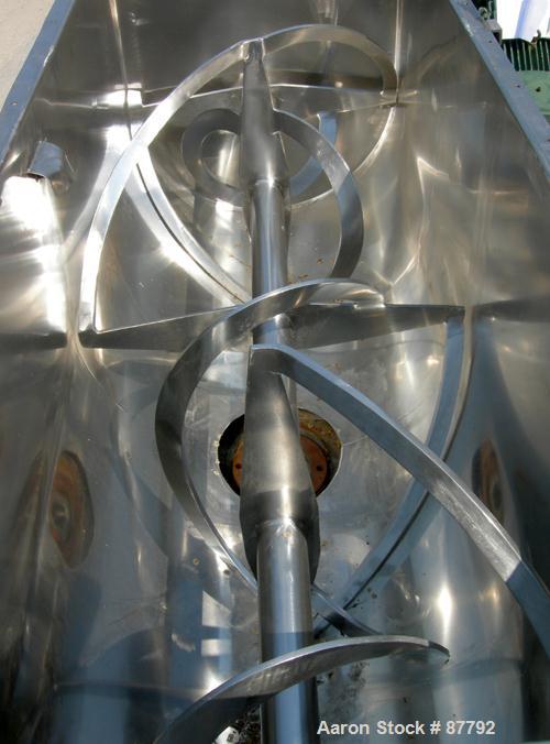 USED: Double spiral ribbon blender, 36 cubic feet working capacity, 304 stainless steel. Non-jacketed trough 30" wide x 78" long x approximately 34" deep. 3" diameter shaft, inner ribbon 2" wide x 5/...