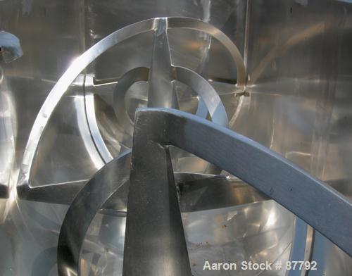 USED: Double spiral ribbon blender, 36 cubic feet working capacity, 304 stainless steel. Non-jacketed trough 30" wide x 78" long x approximately 34" deep. 3" diameter shaft, inner ribbon 2" wide x 5/...