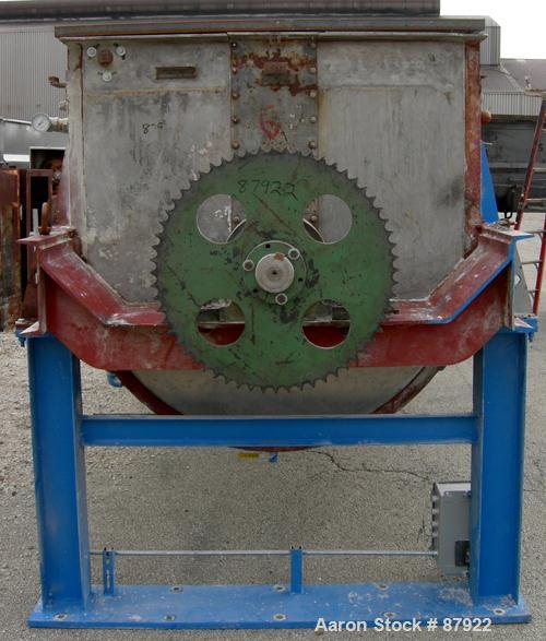 USED: Ribbon blender, 214 cubic feet working capacity, 321 stainless steel. Dimple jacketed trough 54" wide x 143-1/4" long x approximately 57" deep, no rating. 8" diameter shaft, inner ribbon 2-1/2"...
