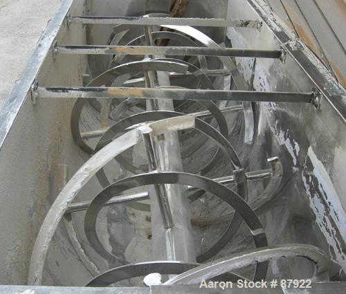 USED: Ribbon blender, 214 cubic feet working capacity, 321 stainless steel. Dimple jacketed trough 54" wide x 143-1/4" long x approximately 57" deep, no rating. 8" diameter shaft, inner ribbon 2-1/2"...
